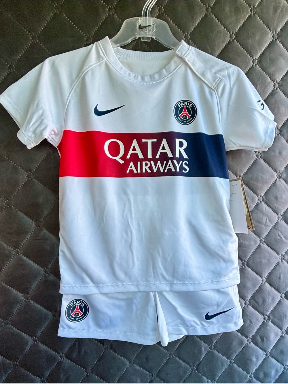 Paris Saint-Germain Kids White Soccer Jersey KIT with Red & Navy Chest Stripe